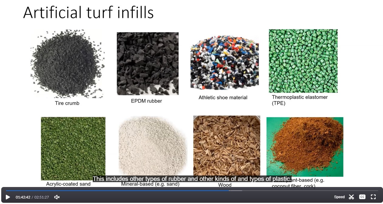 A still from a Zoom presentation about artificial turf showing the various types of infill available for use