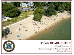 Arial of Arlington Reservoir with people on beach with the text Town of Arlington Town Managers FY24 Budget and Financial Plan