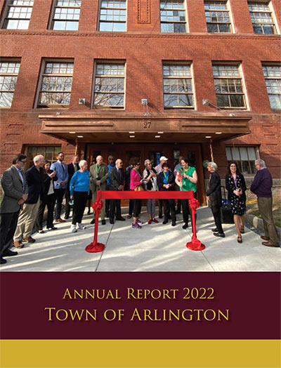 Ribbon cutting in front of renovated Arlington Community Center with the text 2022 Annual Report Town of Arlington