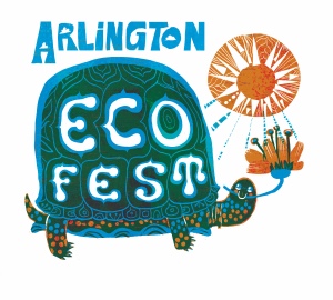 Drawing of green turtle holding a flower, the sun is shining, "Arlington EcoFest"