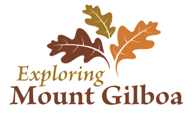 Three autumn-colored leaves with the text Exploring Mount Gilboa