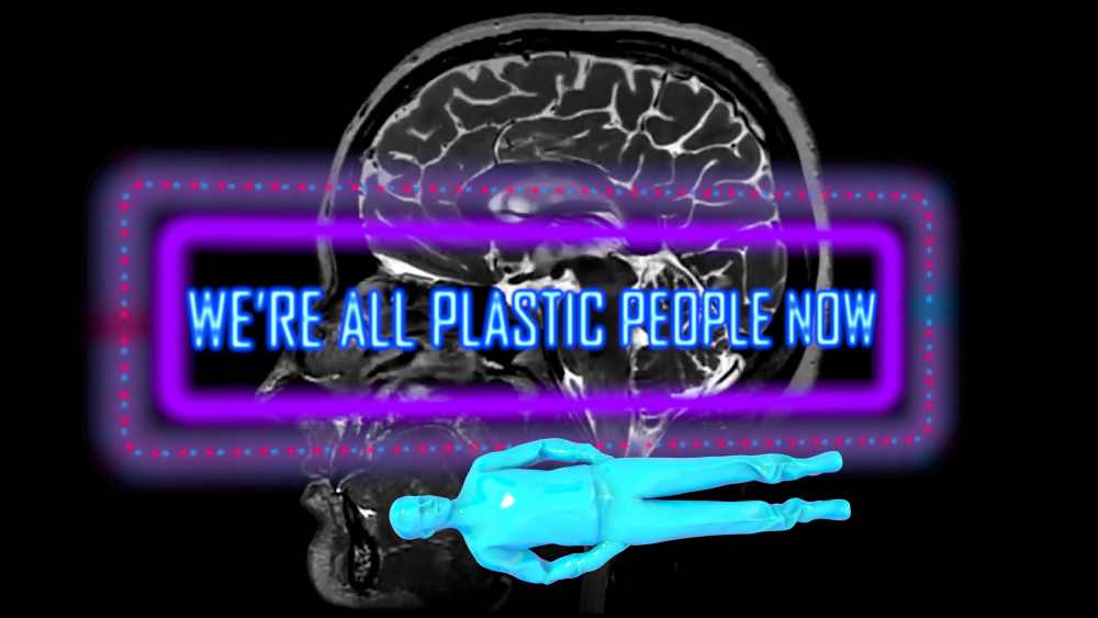 Image of brain and a plastic person doll on it's side and words, "We're All Plastic People Now"