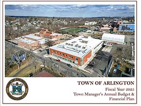 Arial view of new Public Works Facility Building with the text Town of Arlington Fiscal year 2025 Town Manager's Annual Budget and Financial Plan