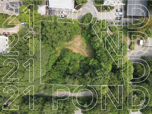 An aerial image of 21 Pond Lane with an outline of the property borders and the address