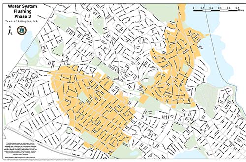 Map of Arlington, MA with Phase 3 outlined in the Eastern and Center of Town