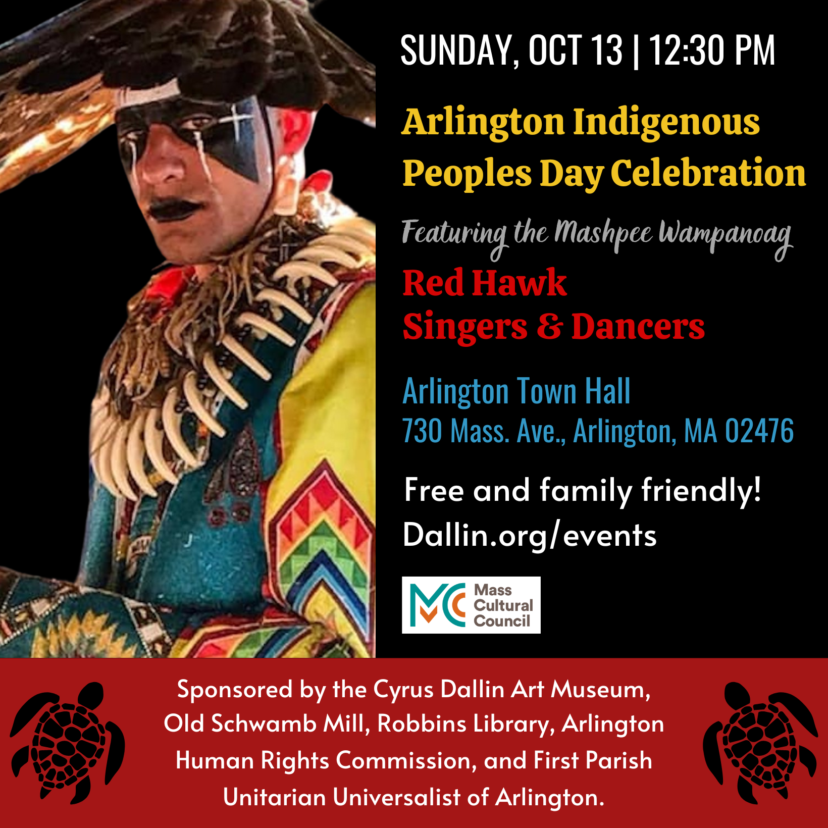 Indigenous Peoples Day celebration information, image of Native American and turtle symbols